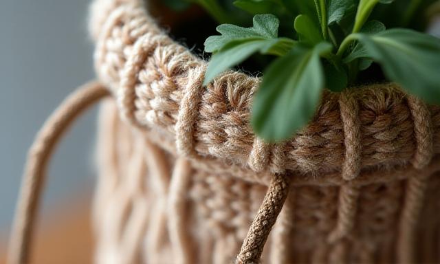 Close-up van geweven textiel plantenbakken