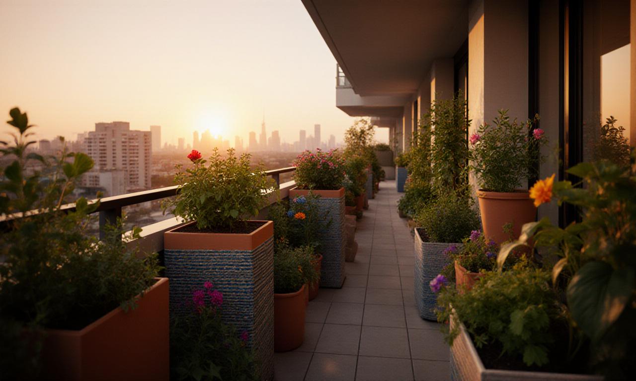 Lush urban balcony garden with textile planters